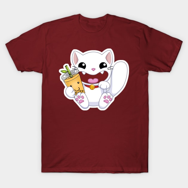 Happy Lucky Cat Maneki Neko Turnt Up Chinese Zodiac Bubble Boba Tea T-Shirt by QQ Panda and Friends